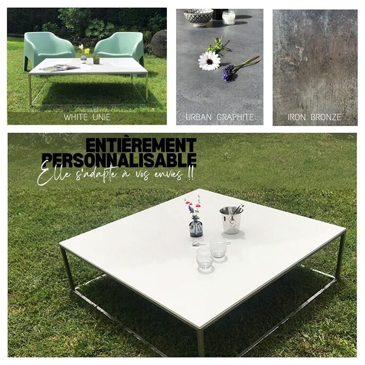 table basse de salon de jardin avec plateau en céramique blanche et piétement en inox au design fin, minimaliste et élégant.