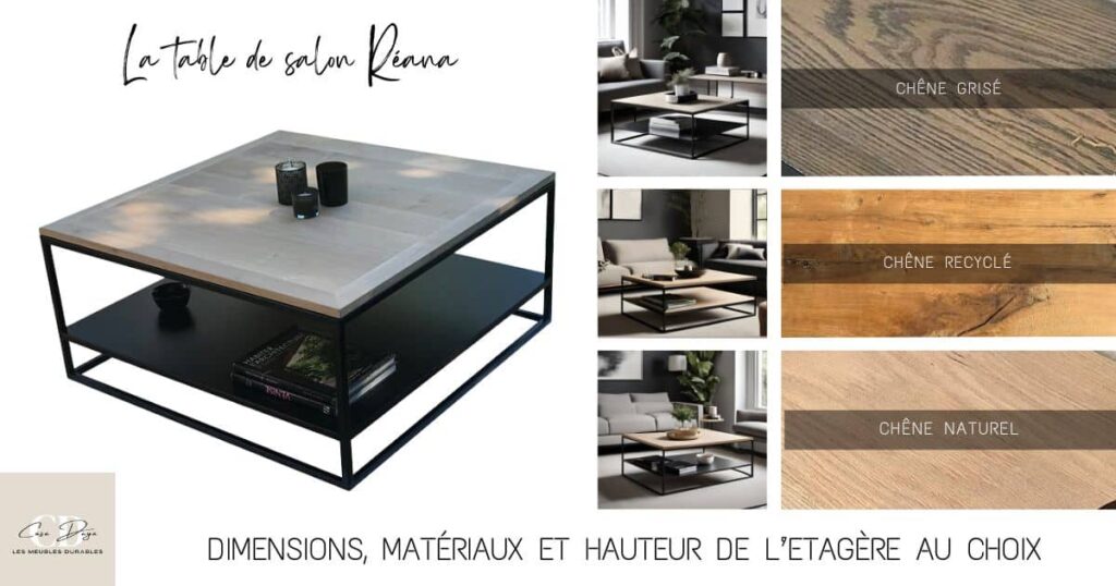 Table de salon carrée avec plateau en bois de chêne massif personnalisable et étagère en métal noir