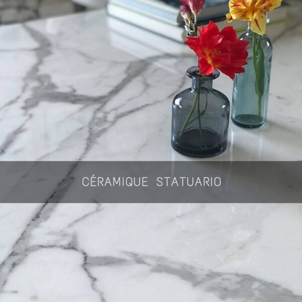 plateau en céramique italienne haut de gamme effet marbre blanc avec veines grises.