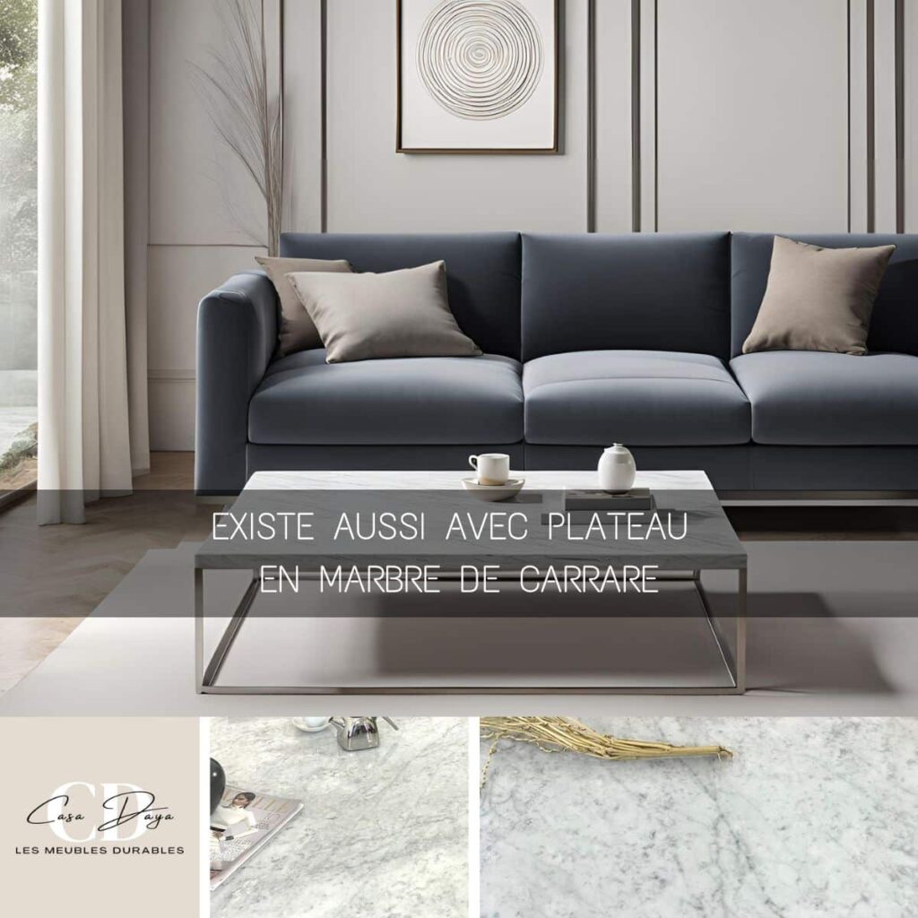 Salon au design moderne contemporain avec canapé confortable gris devant lequel se trouve la table basse INOLA avec plateau en marbre de Carrare épaisseur 2 cm avec son pied en Inox fin et minimaliste.