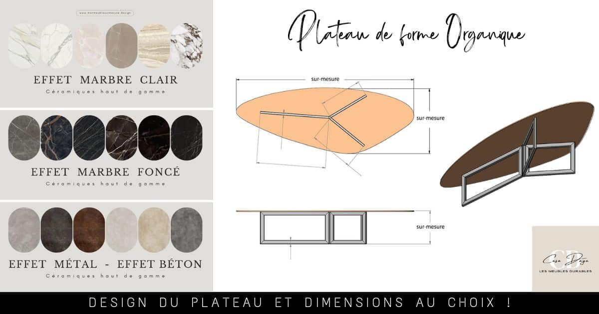 Plan de la table basse de salon en céramique marbre de forme organique avec son pied central composé de 3 branches.