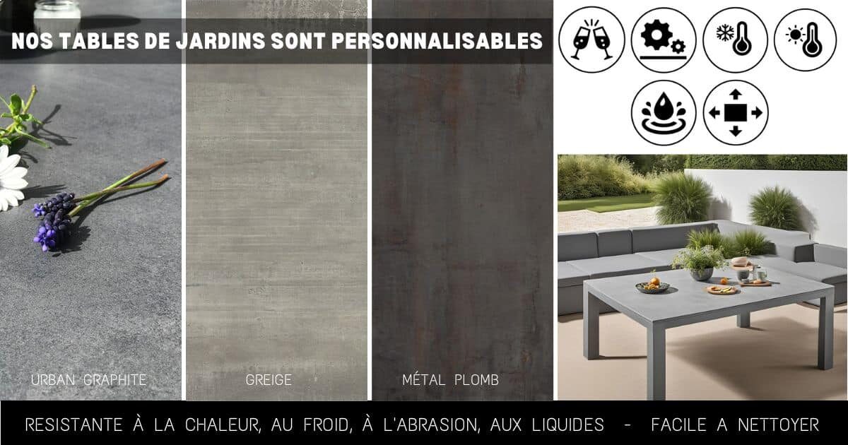 Table de jardin au design sobre et minimaliste avec plateau en céramique effet béton gris et piétement laqué en gris également.