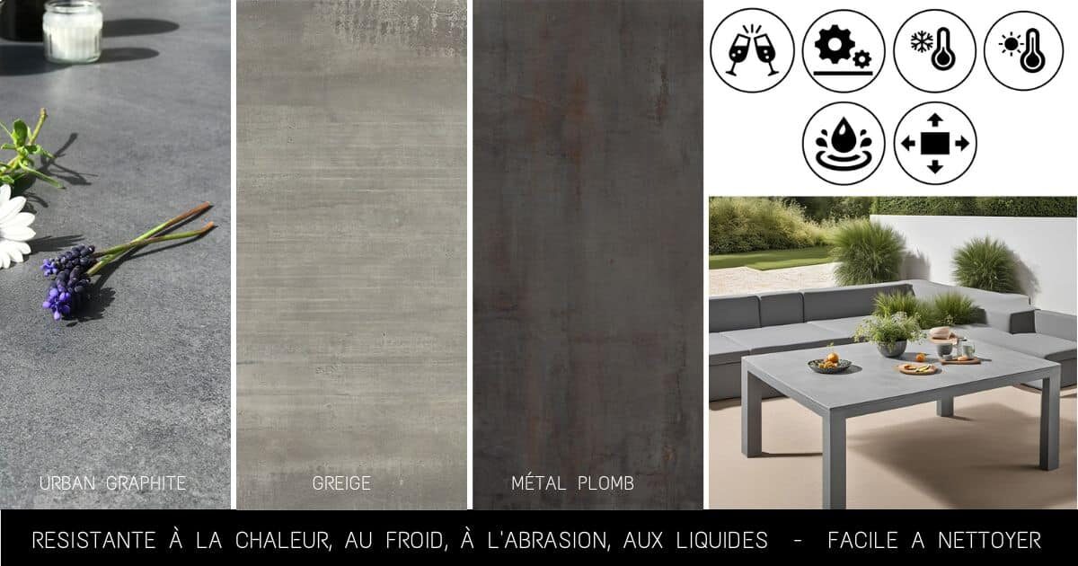 Table de jardin au design sobre et minimaliste avec plateau en céramique effet béton gris et piétement laqué en gris également.