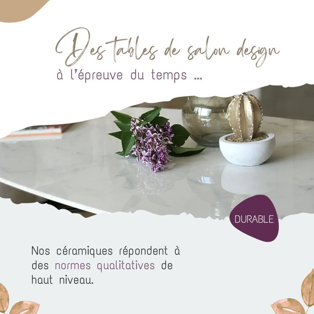 Détail du plateau céramique italienne haut de gamme effet marbre blanc de la table basse ovale.