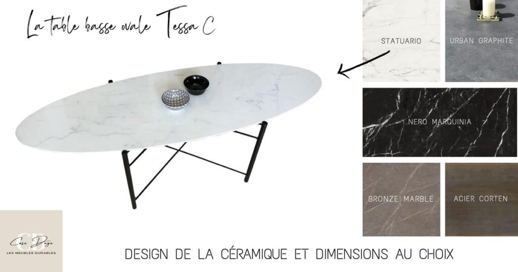 Table de salon ovale design avec plateau en céramique marbre ou effet béton ou effet métal industriel