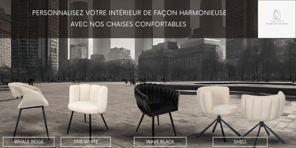 Ensemble de plusieurs chaises confortables pour table de salle à manger, en tissu beige, tissu blanc et velours noir.