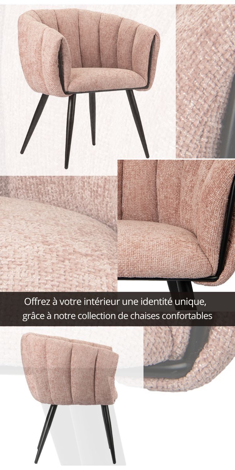 Chaise fauteuil de table à manger, séjour avec dossier arrondi et revêtement en tissu confortable de couleur Rose pastel. Les pieds de forme fuselée sont en métal noir.