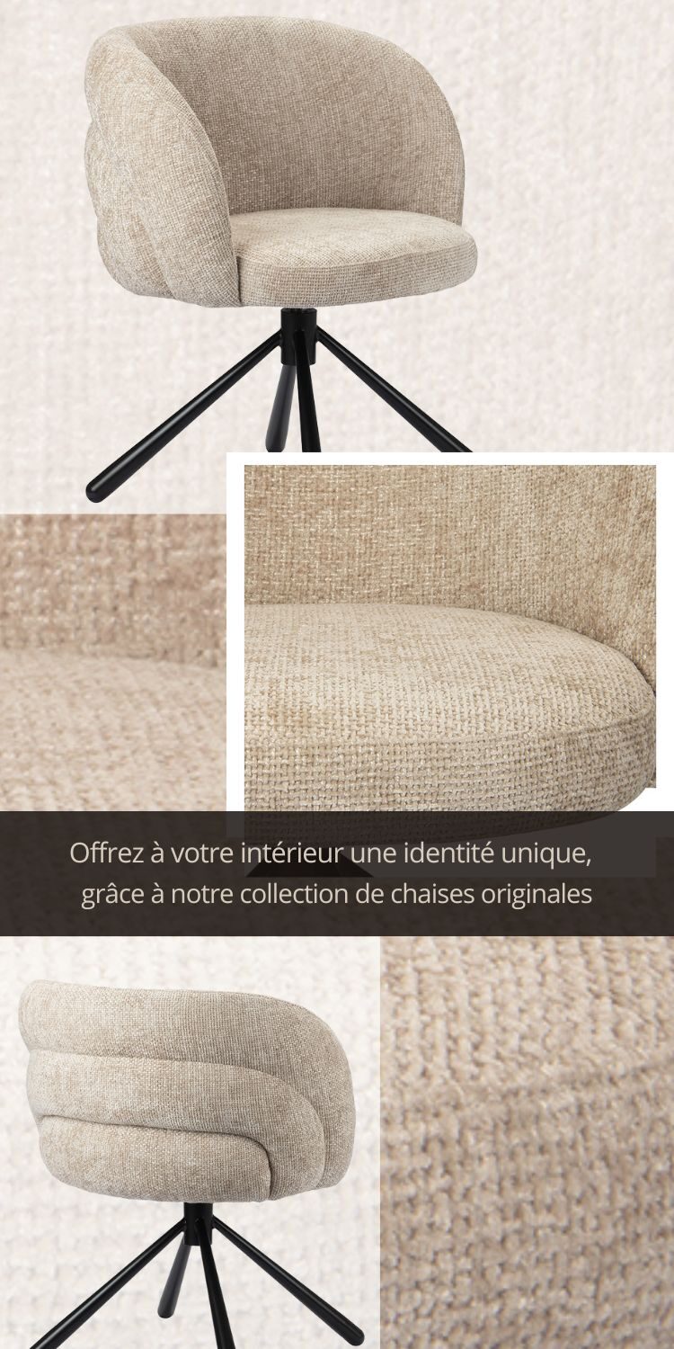 Chaise de salle à manger, séjour avec dossier arrondi et revêtement en tissu moelleux et confortable de couleur Beige Latte. Les pieds sont en métal noir.