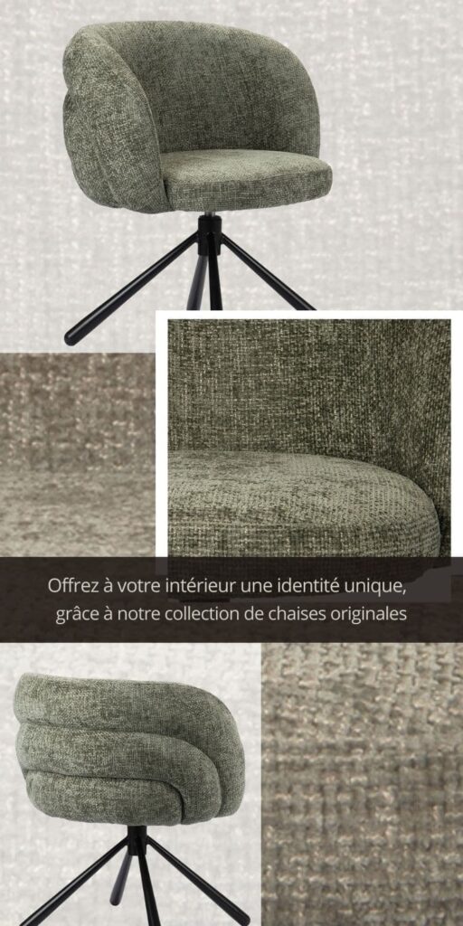 Chaise de salle à manger, séjour avec dossier arrondi et revêtement en tissu moelleux et confortable de couleur Pistache. Les pieds sont en métal noir.