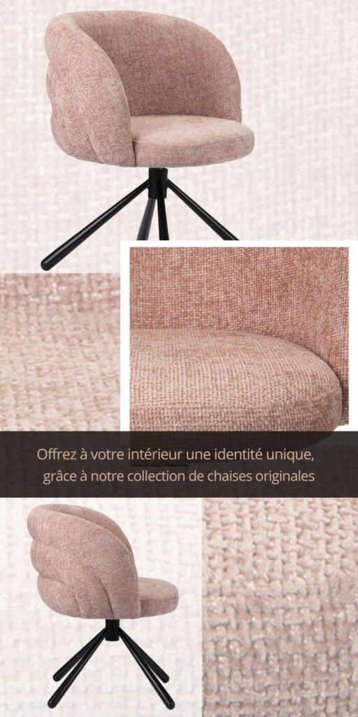 Chaise de salle à manger, séjour avec dossier arrondi et revêtement en tissu moelleux et confortable de couleur Rose pastel. Les pieds sont en métal noir.