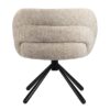 Chaise rotative à 360 ° pour salle à manger, salon, séjour ou bureau, en tissu de couleur Beige Latte avec dossier arrondi et pieds noirs. Vue de dos.