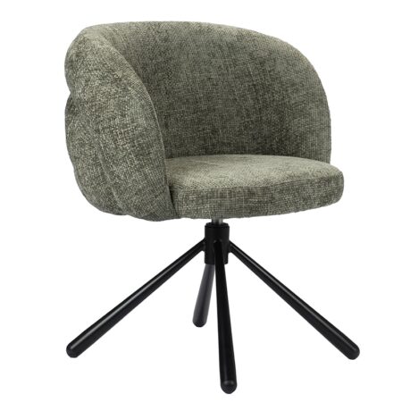 Chaise rotative à 360 ° pour salle à manger, salon, séjour ou bureau, en tissu de couleur Pistache avec dossier arrondi et pieds noirs. Vue de face trois-quarts.