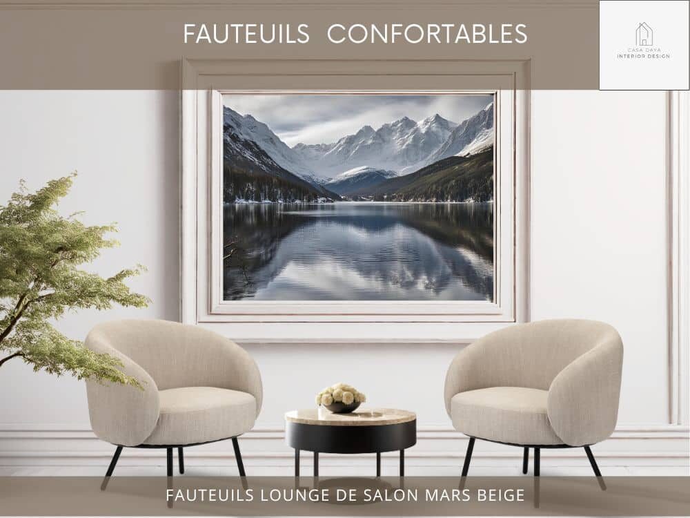 Intérieur d'un appartement avec tableau photo d'un lac de montagne et fauteuils de salon confortables en tissu couleur Beige avec dossier arrondi et pieds en métal tubulaire noir.