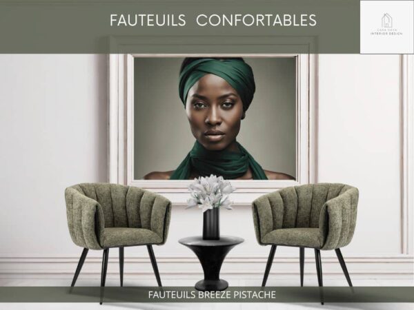 Intérieur d'un appartement avec tableau photo d'une femme africaine et Fauteuils de table confortables en tissu couleur vert Pistache avec dossier arrondi et pieds fuselés noirs.