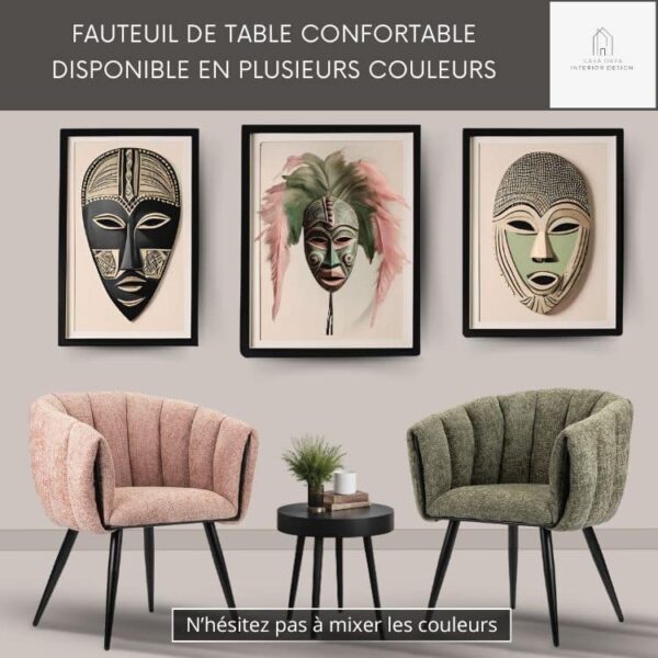 Deux fauteuils de table confortables avec dossier arrondi, le premier est de couleur Rose pale et le second est de couleur Pistache. Les pieds sont en métal noir de forme fuselée.