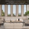 Salon Méditerranéen avec le canapé NEW YORK BEIGE, les deux tables basses sur-mesure en chêne massif et métal REANA, les fauteuils de salon CLOUD CREME aux formes douces et arrondies,