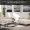 Salon design aux tons clairs avec 2 canapés confortables en tissu beige NEW YORK BEIGE, la table basse ovale OLIVIA avec son plateau en en chêne massif Français et pied métal noir et la chaise en tissu beige WHALE. Au mur, 3 tableaux représentant des paysages de bords de mer en noir & blanc.