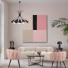 Scénographie Casa Daya 44b proposant un salon moderne et design avec les meubles suivants : 2 fauteuils de table ou de salon BREEZE ROSE PALE, le Canapé d'angle droit en tissu beige de 2,5 places NEW YORK BEIGE, la table basse ronde avec plateau en granit noir pailleté cuivre ELYNE, 2 bouts de canapés en chêne massif couleur Charcoal SUR-MESURE.