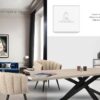 Scène 4a - Meubles hauts de gamme et durables suivants : table à manger en chêne massif et métal MICAELA, chaises en tissu beige BREEZE, console en chêne et métal DELLY en arrière plan.