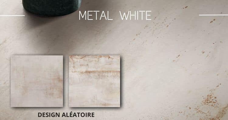 plateau en céramique imitation acier industriel, de couleur blanc-gris très clair avec nuances variées et des traces de couleur rouille imitant les traces d'altération de l'acier par le temps.