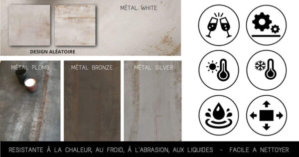 détail des options possibles pour le plateau en céramique imitation acier industriel : métal Bronze, métal Plomb, métal Silver et métal White.