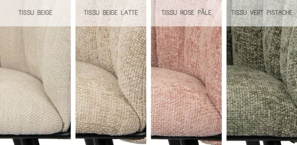 La chaise fauteuil de salle à manger BREEZE est disponible en tissu Beige, tissu Beige Latte, tissu Rose pâle et aussi en tissu Vert Pistache.