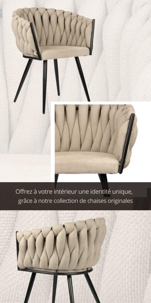 Chaise moderne de salle à manger, séjour avec dossier arrondi et revêtement en tissu confortable de couleur Beige. Pieds fins et fuselés noirs.