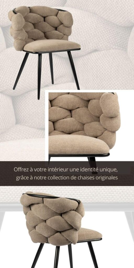 Chaise moderne de salle à manger, séjour avec dossier arrondi et revêtement en tissu confortable de couleur Brun. Les pieds de forme fuselée sont en métal noir.