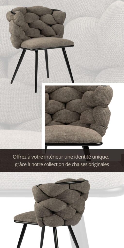 Chaise ROCK TAUPE moderne, de salle à manger, séjour avec dossier arrondi et revêtement en tissu confortable de couleur Taupe. Pieds fins et fuselés noirs.