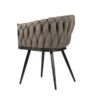 Chaise moderne de salle à manger en tissu de couleur Taupe, avec dossier arrondi pour un confort optimal. Vue de trois-quarts dos.