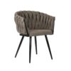Chaise moderne de salle à manger en tissu de grande qualité de couleur Taupe, avec dossier arrondi pour un confort optimal. Vue de face. Pieds noirs fuselés.