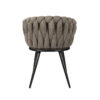Chaise moderne de salle à manger en tissu de couleur Taupe, avec dossier arrondi pour un confort optimal. Vue de dos. Pieds noirs fuselés.