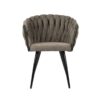 Chaise moderne de salle à manger en tissu de grande qualité de couleur Taupe, avec dossier arrondi pour un confort optimal. Vue de face. Pieds noirs fuselés.