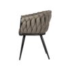 Chaise moderne de salle à manger en tissu de couleur Taupe, avec dossier arrondi pour un confort optimal. Vue de profil. Pieds noirs fuselés.