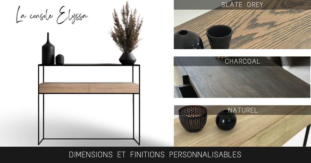 console d'entrée haut de gamme en bois de chêne et métal noir avec 2 tiroirs en chêne massif et pied original avec étagère en métal noir sur le sommet de la console.