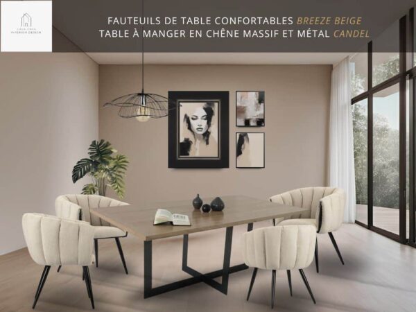 Scène 36b - Meubles hauts de gamme et durables suivants : table à manger en chêne massif et métal plein CANDEL, fauteuils de salle à manger confortables en tissu beige avec pieds fuselés en acier noir BREEZE BEIGE et cadres décoratifs variés.