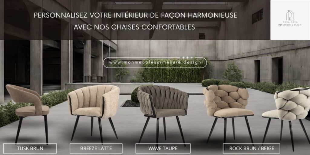 Ensemble de plusieurs chaises confortables au design original pour table de salle à manger ou pour salon, en tissu Brun, Beige Latte, Taupe, Brun Noisette et Beige clair.