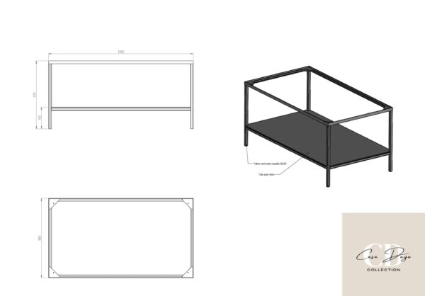 Plan de la table basse de salon de forme rectangulaire, au design moderne, avec étagère en métal noir. Le plateau en céramique est à insérer dans le haut de la structure dotée d'une cornière.