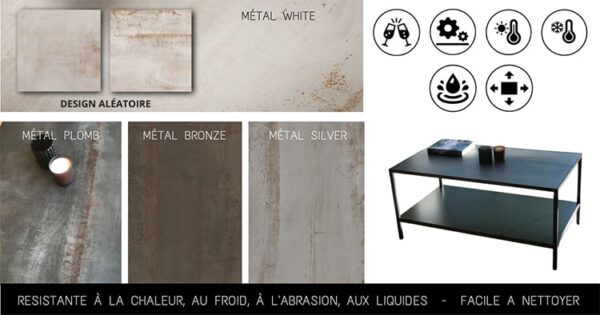 Variations possibles pour le plateau en céramique de la table basse de salon à l'effet de l'acier industriel : métal Bronze, métal Plomb, métal Silver et métal White.