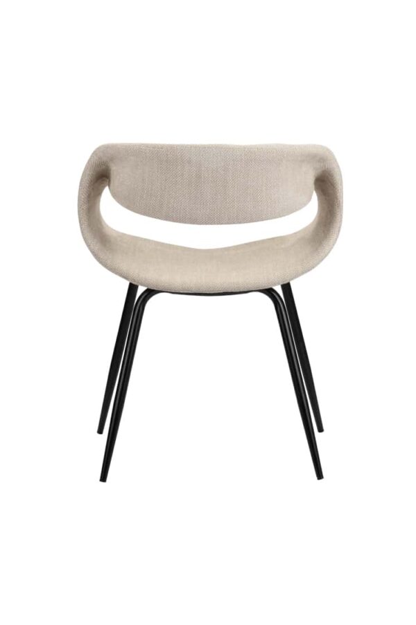 Chaise moderne WHALE BEIGE au style minimaliste pour salle à manger, avec assise en tissu de couleur Beige, dossier arrondi pour un confort optimal. Pieds fins en acier noir. Vue de dos.