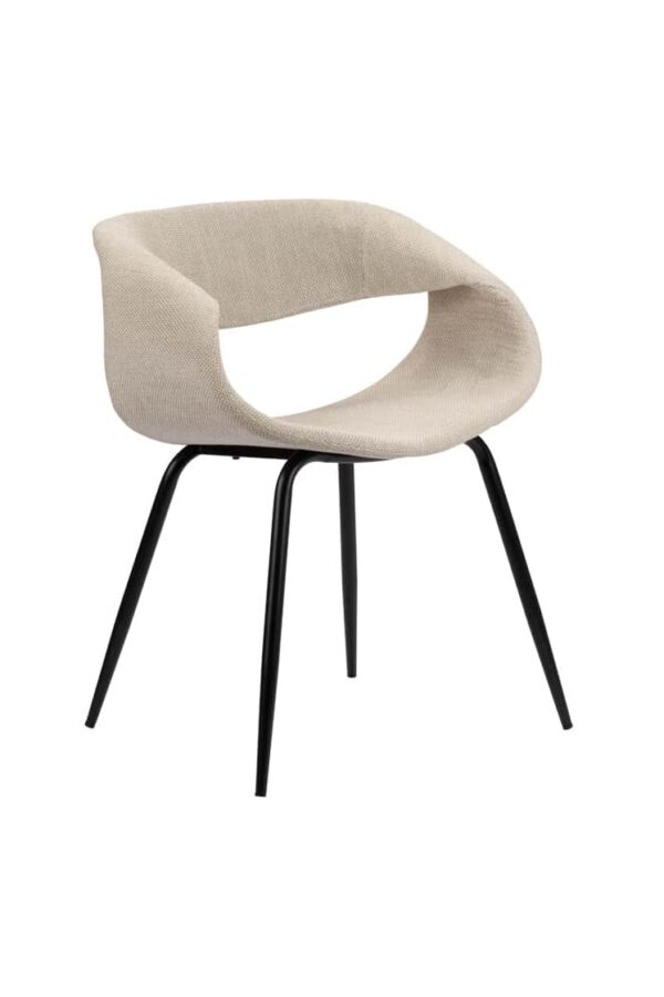 Chaise moderne WHALE BEIGE au style minimaliste pour salle à manger, avec assise en tissu de couleur Beige, dossier arrondi pour un confort optimal. Pieds fins en acier noir. Vue de face.