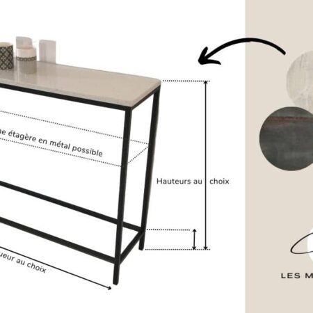 La console d'entrée STEFANIA est constituée d'un piétement en métal au design fin et minimaliste au sommet duquel se trouve un plateau en céramique Italienne, haut de gamme, dont le design est paramétrable en fonction des besoins de chacun : effet marbre, effet béton ou effet métal.