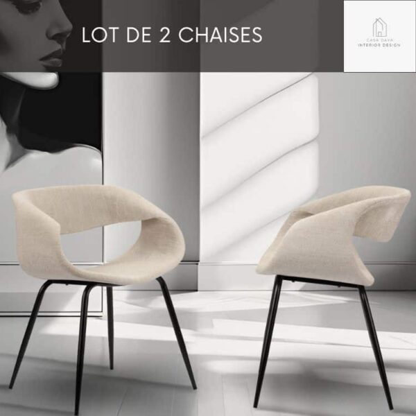 Lot de 2 chaises moderne WHALE BEIGE au style minimaliste pour salle à manger, avec assise en tissu de couleur Beige, dossier arrondi pour un confort optimal. Pieds fins en acier noir.