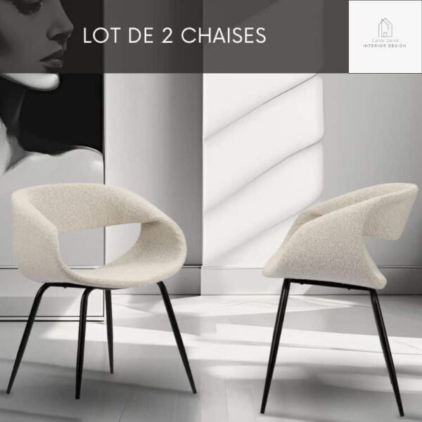 Lot de 2 chaises moderne WHALE BLANC PERLE au style minimaliste pour salle à manger, avec assise en tissu de couleur Blanc, dossier arrondi pour un confort optimal. Pieds fins en acier noir.