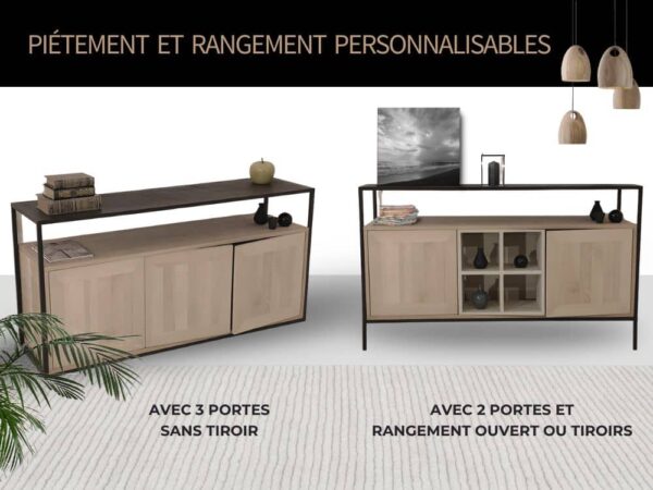 Meuble de rangement haut de gamme en chêne massif avec une structure en métal thermolaqué qui lui donne un look original et exclusif. Plusieurs possibilités d'agencement : avec portes, modules de rangement ouverts ou tiroirs.