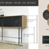 Meuble de salon bois métal de style Industriel Chic avec 3 portes en métal dont 2 sont ajourées avec le motif original design INTRECCIO. Finition du bois de chêne personnalisable. Couleur des portes personnalisable. Hauteur du pied et dimensions d'ensemble personnalisables également.