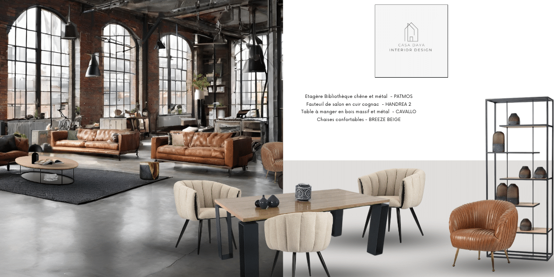 Présentation des meubles de style Industriel au sein d'un vaste Loft de style New-Yorkais : la table à manger bois métal CAVALLO, les chaises BREEZE BEIGE, le fauteuil en cuir cognac HANDREA et la bibliothèque industrielle PATMOS.