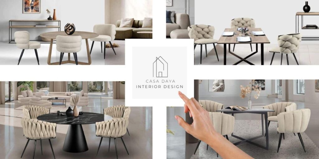 Présentation Casa Daya mettant en scène les associations possibles de chaises de couleur beige ou blanc cassé avec les tables à manger.