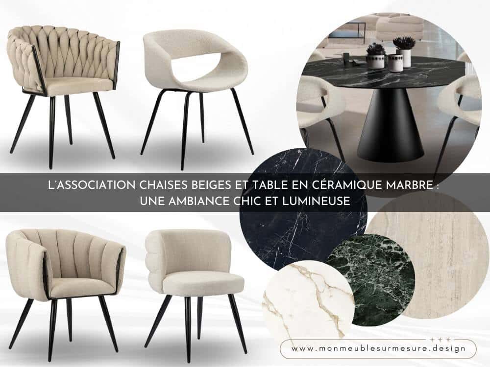 Planche d'inspiration permettant de mieux apprécier les associations possibles des chaises en tissu beige ou blanc cassé avec une table à manger en céramique marbre Calacatta Or, Noir Marquinia, Verde Luxe et marbre travertin.