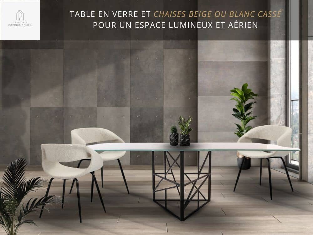 Salle à manger moderne proposant l'association entre les chaises WHALE WHITE PEARL avec la table à manger TRIANA avec son pied design de forme triangulaire et son plateau en verre trempé clair ou sablé de motifs originaux.
